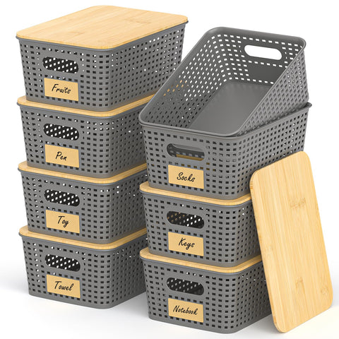 Uvellgift stackable storage baskets with bamboo lids for pantry organization.