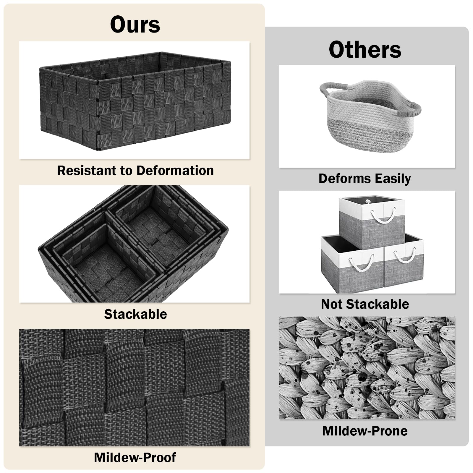 Uvellgift woven storage baskets stackable black cubes for modular closet organization.