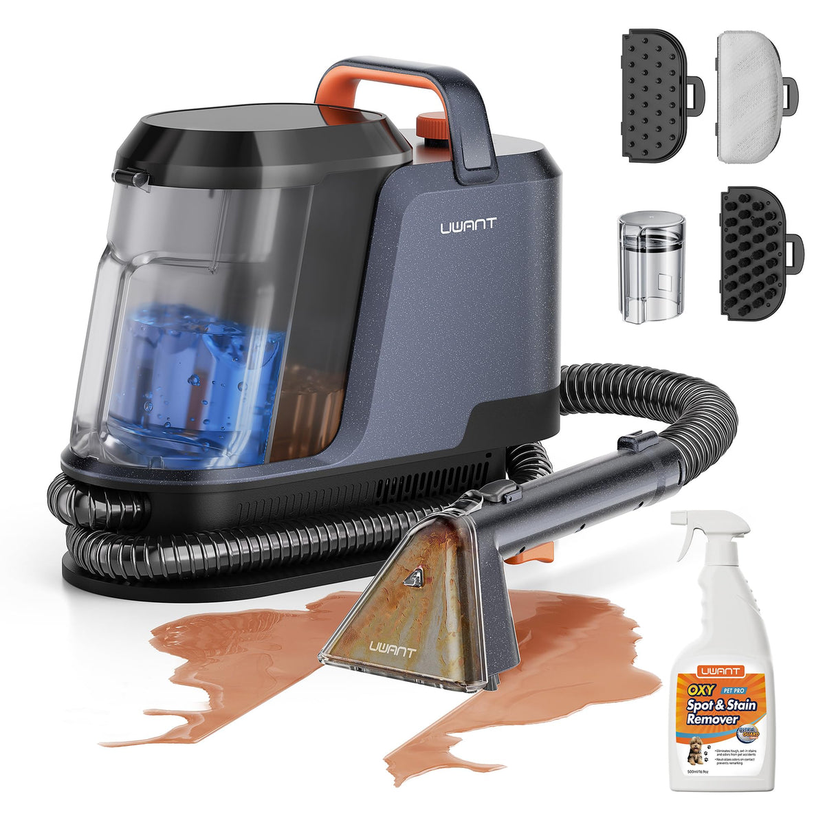 uwant portable carpet cleaner front view showing strong suction for deep spot cleaning