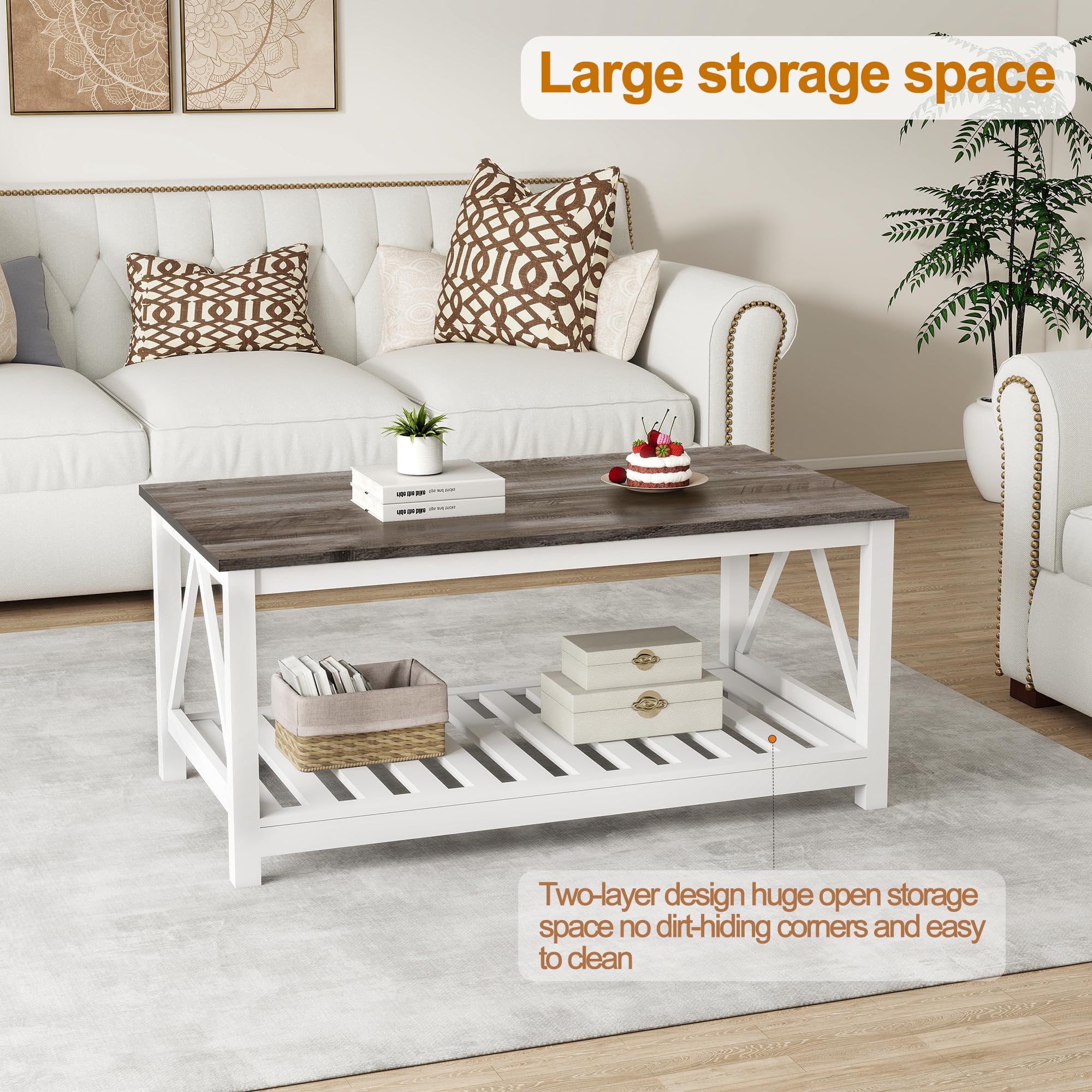 UYIHOME coffee table with open slat shelf keeps living room essentials within reach.