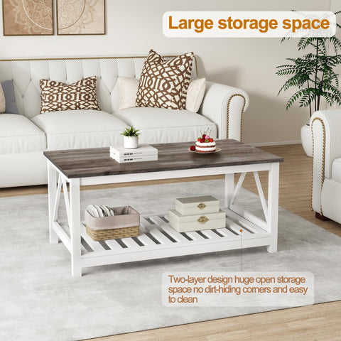 UYIHOME coffee table with open slat shelf keeps living room essentials within reach.