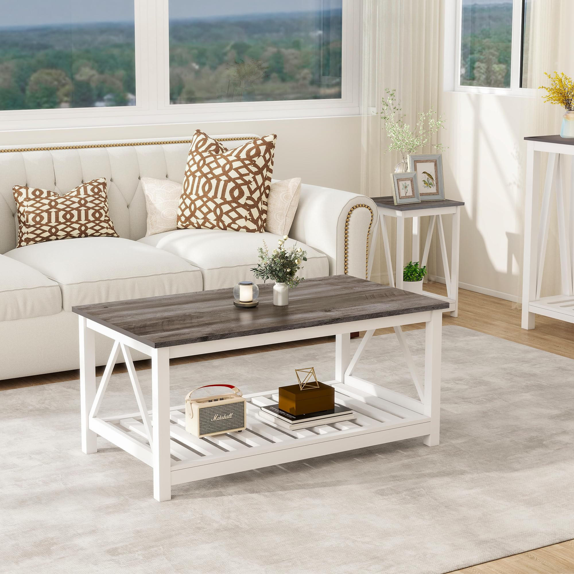 UYIHOME farmhouse coffee table top view with white oak grey finish, smooth surface for easy serving.