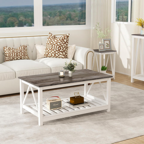 UYIHOME farmhouse coffee table top view with white oak grey finish, smooth surface for easy serving.