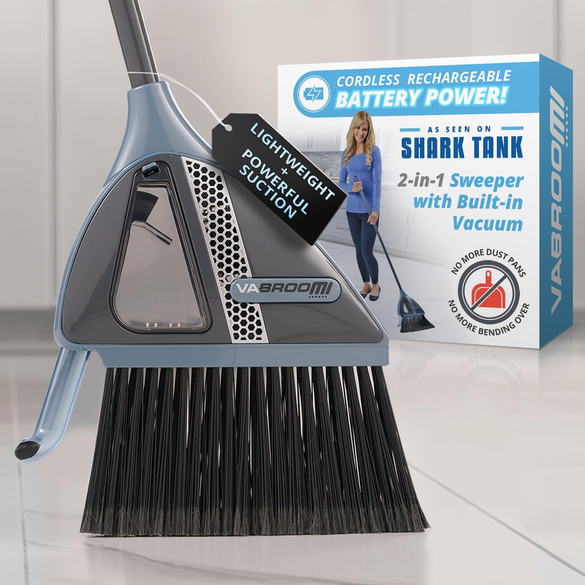 VaBroom Shark Tank 2-in-1 cordless sweeper ready for quick floor cleanup on hard surfaces