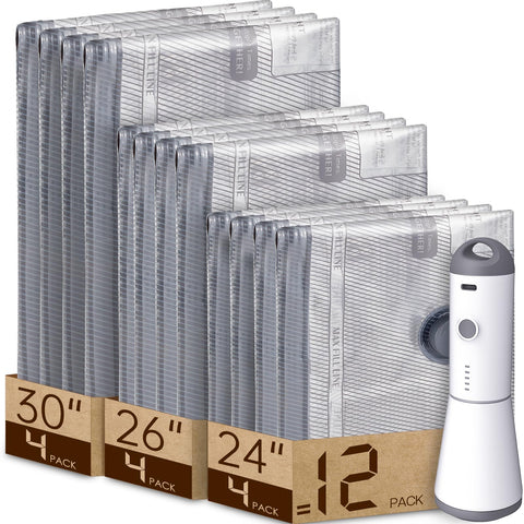 Vacbird 12-pack vacuum bags for travel show compact packing and quick garment compression.