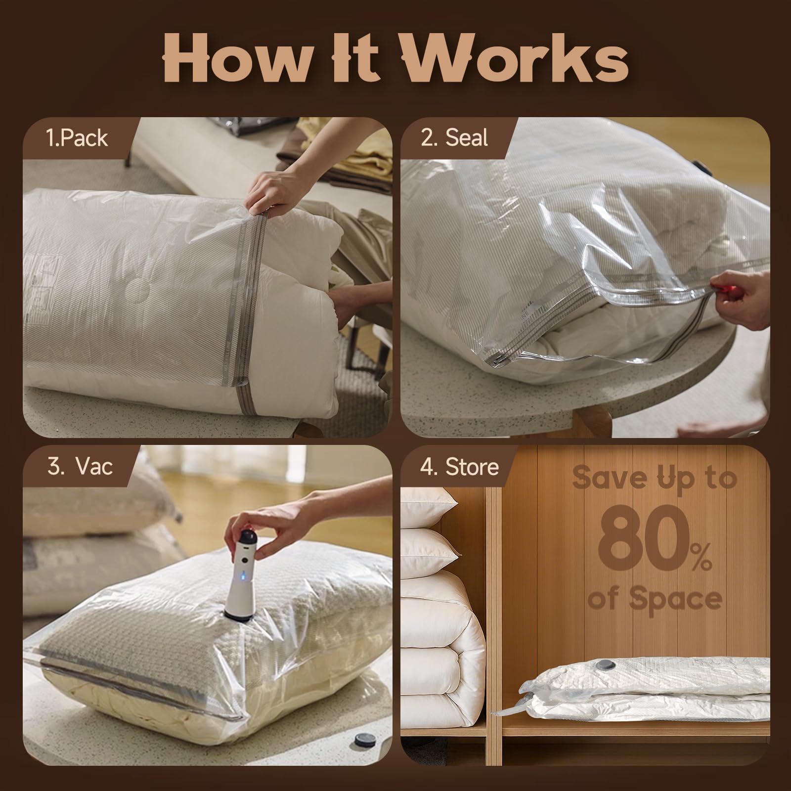 Vacbird large-size bags sealing with airtight closure for secure clothing storage.