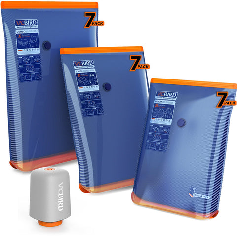 Vacbird rechargeable pump on charge for quick vacuum sealing.
