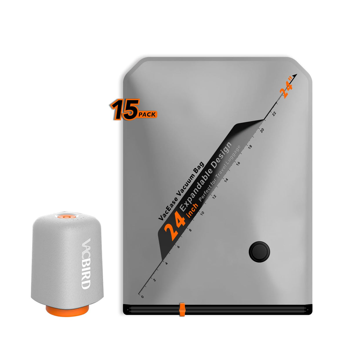 Vacbird rechargeable pump with travel bags enables cordless, fast vacuuming for organized packing.