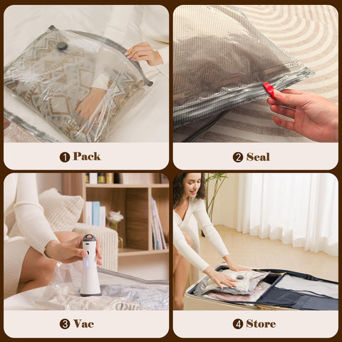 Vacbird semi-transparent bags with dual-zipper seal for quick item identification.