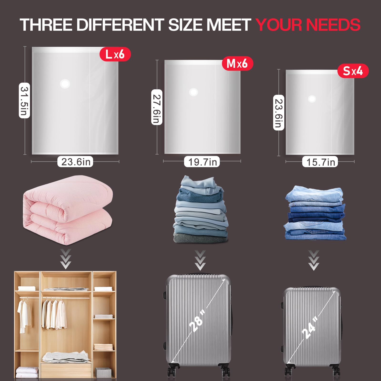 Vacbird three-sizes packs display showing bag options for planning trips.