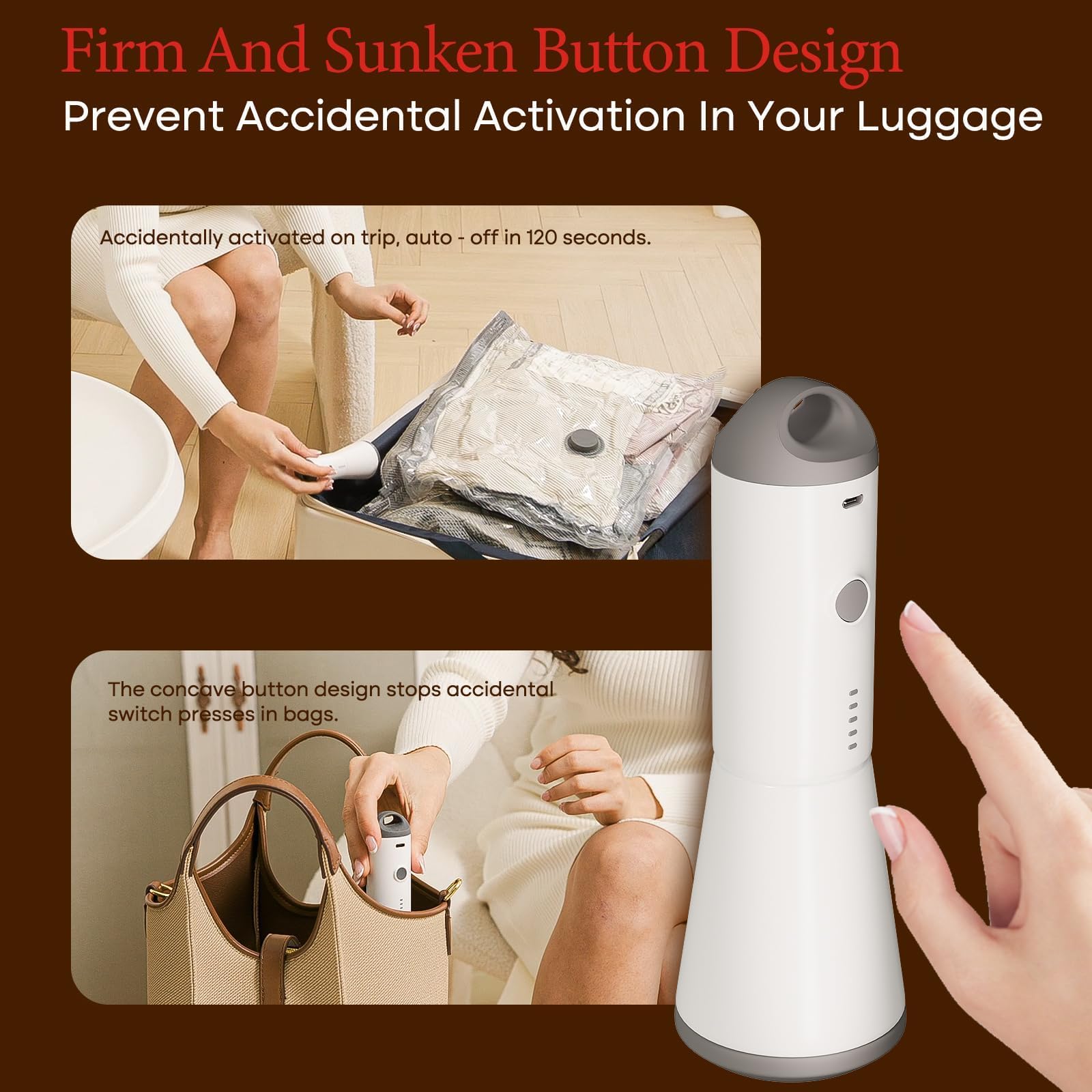 Vacbird USB-rechargeable pump powers packing anywhere during travel.