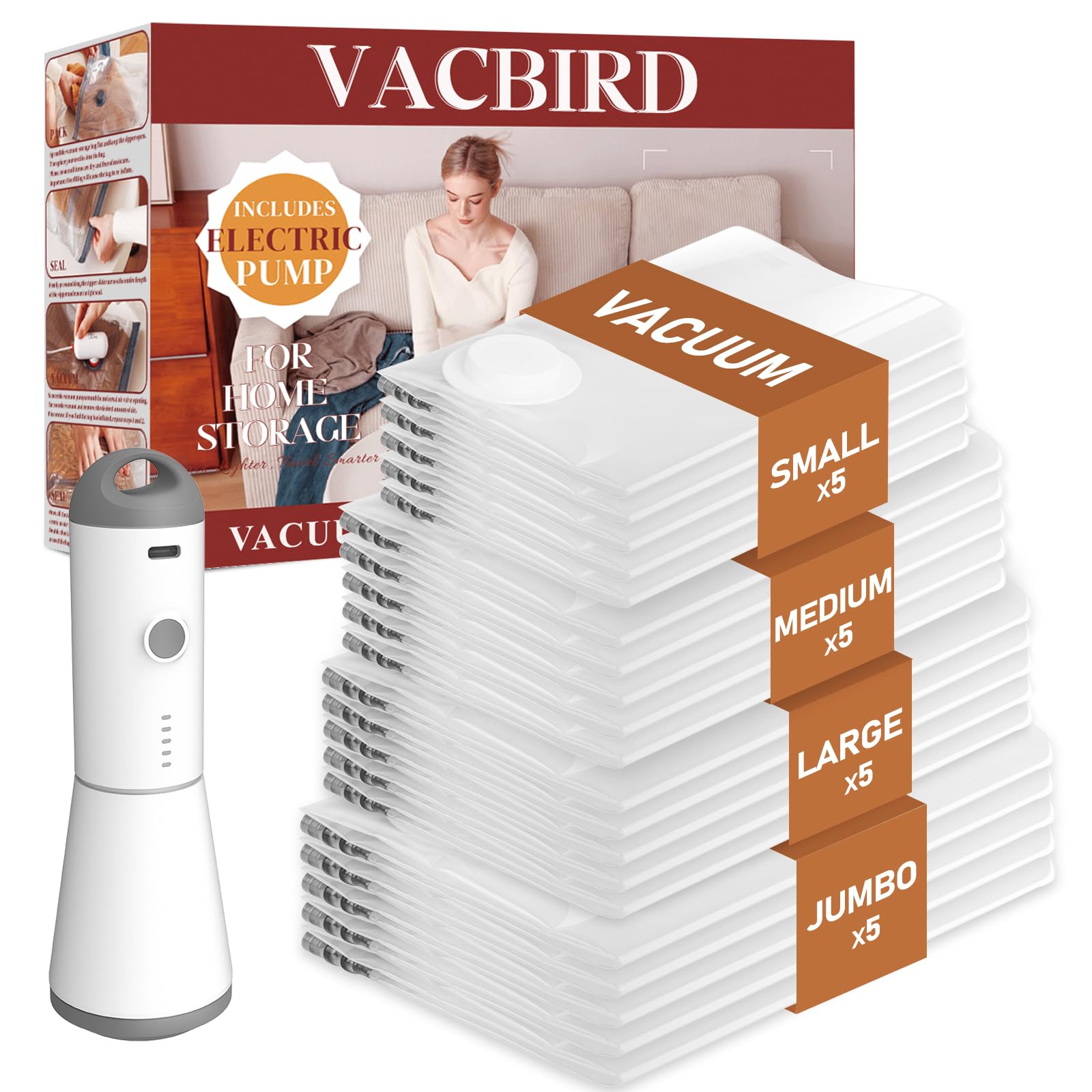 Vacbird vacuum-seal bags clothing-20pack keep wardrobe compact for travel and storage.