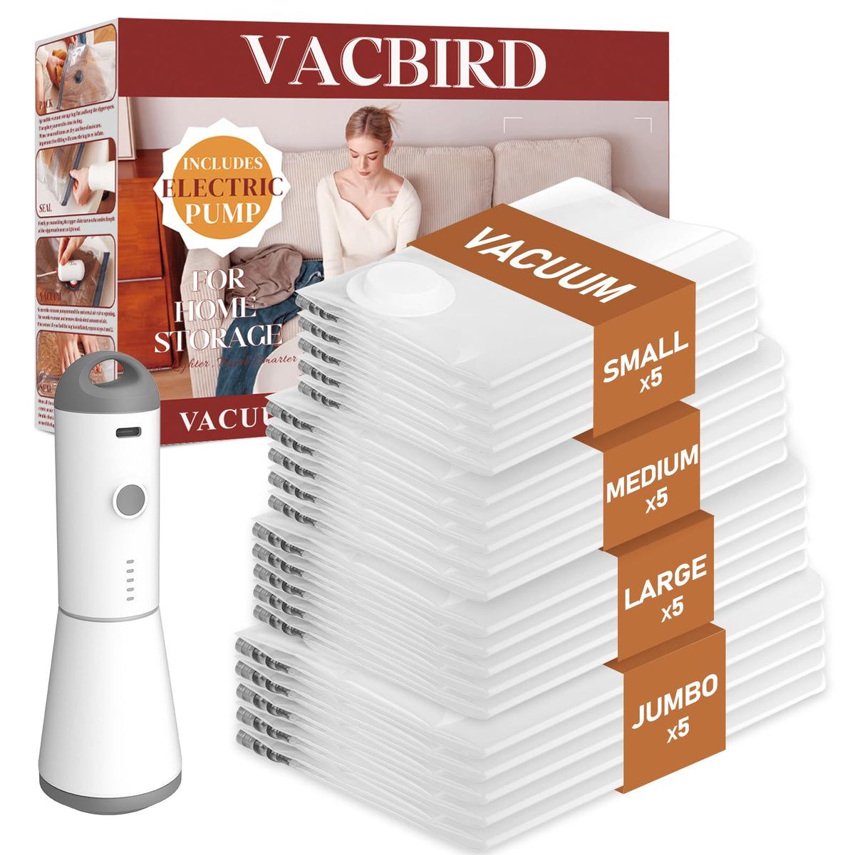 Vacbird vacuum-seal bags clothing-20pack keep wardrobe compact for travel and storage.