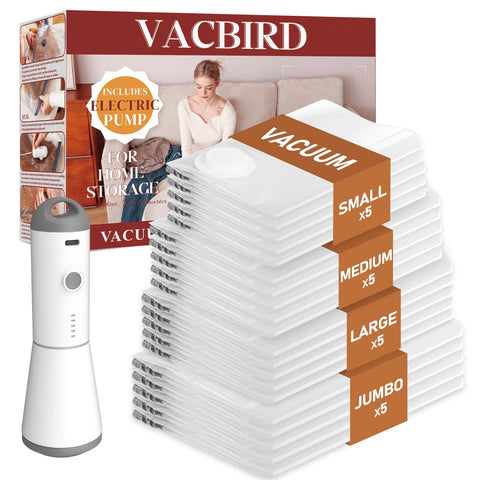 Vacbird vacuum-seal bags clothing-20pack keep wardrobe compact for travel and storage.