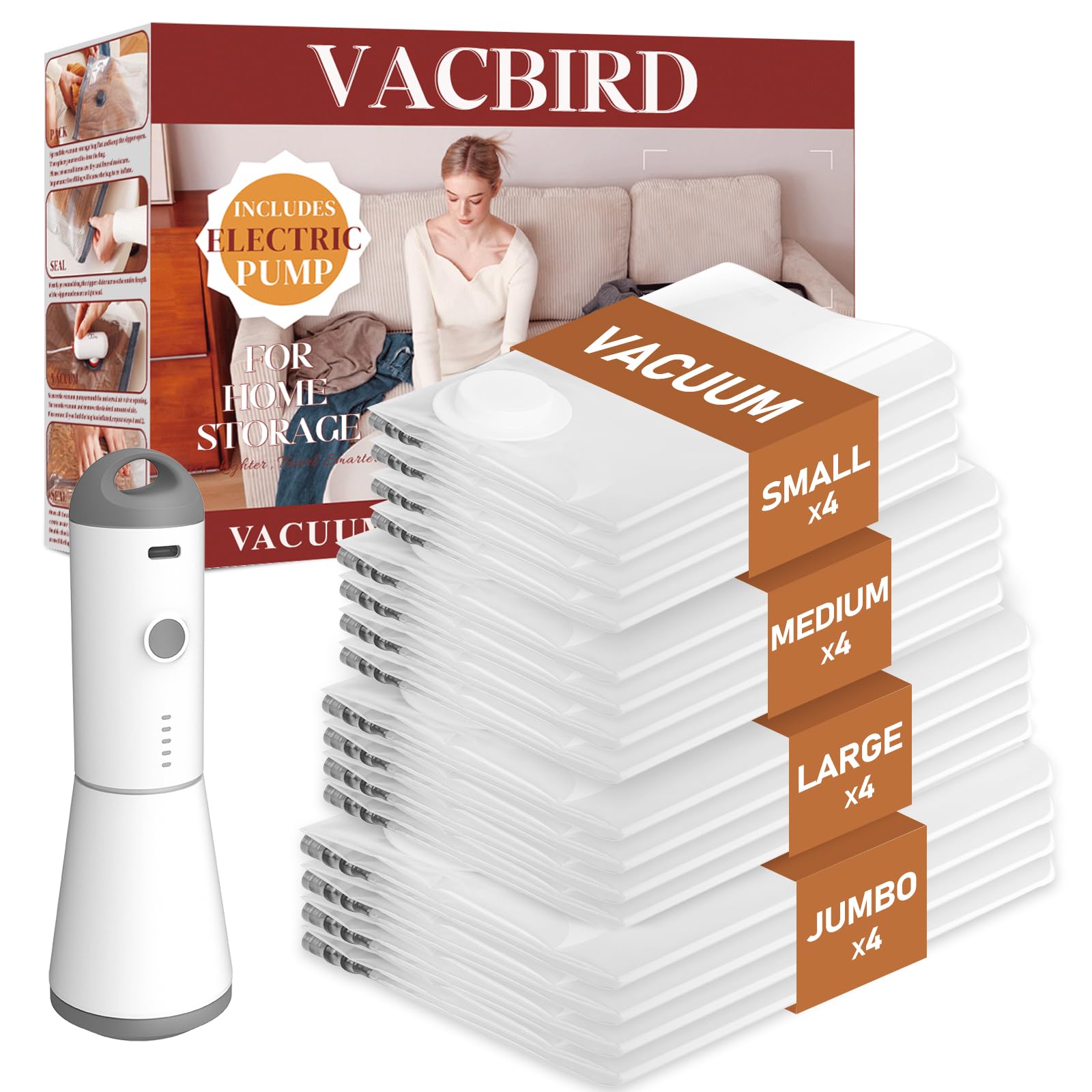 Vacbird vacuum-seal bags front view for space-saving storage.