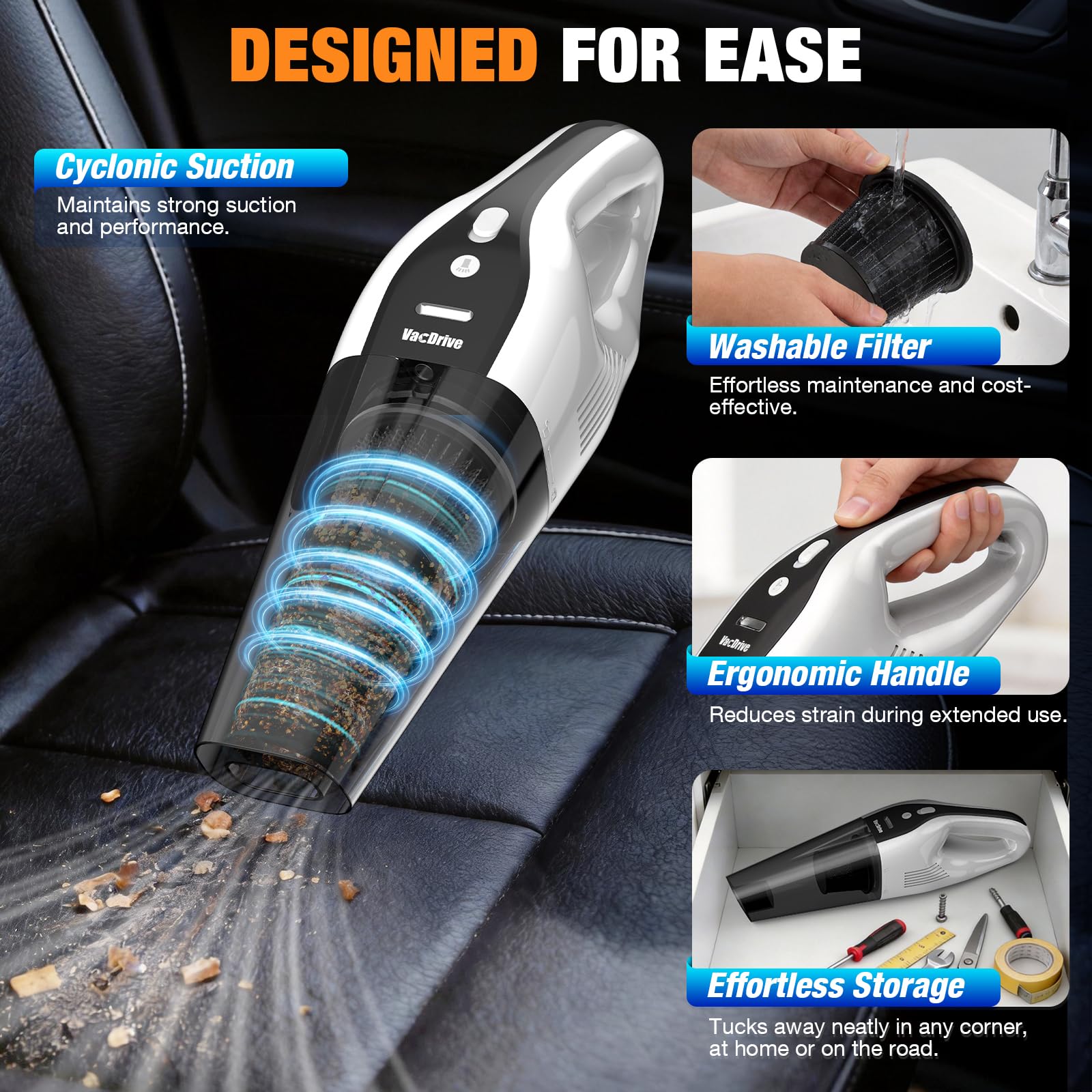 VACDRIVE compact portable design shown fitting in a car trunk