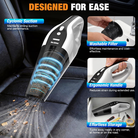 VACDRIVE compact portable design shown fitting in a car trunk