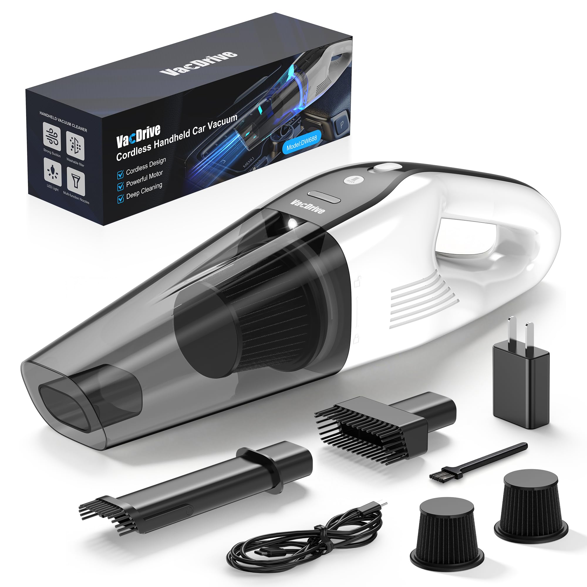 VACDRIVE handheld cordless vacuum motor close-up showing high suction power