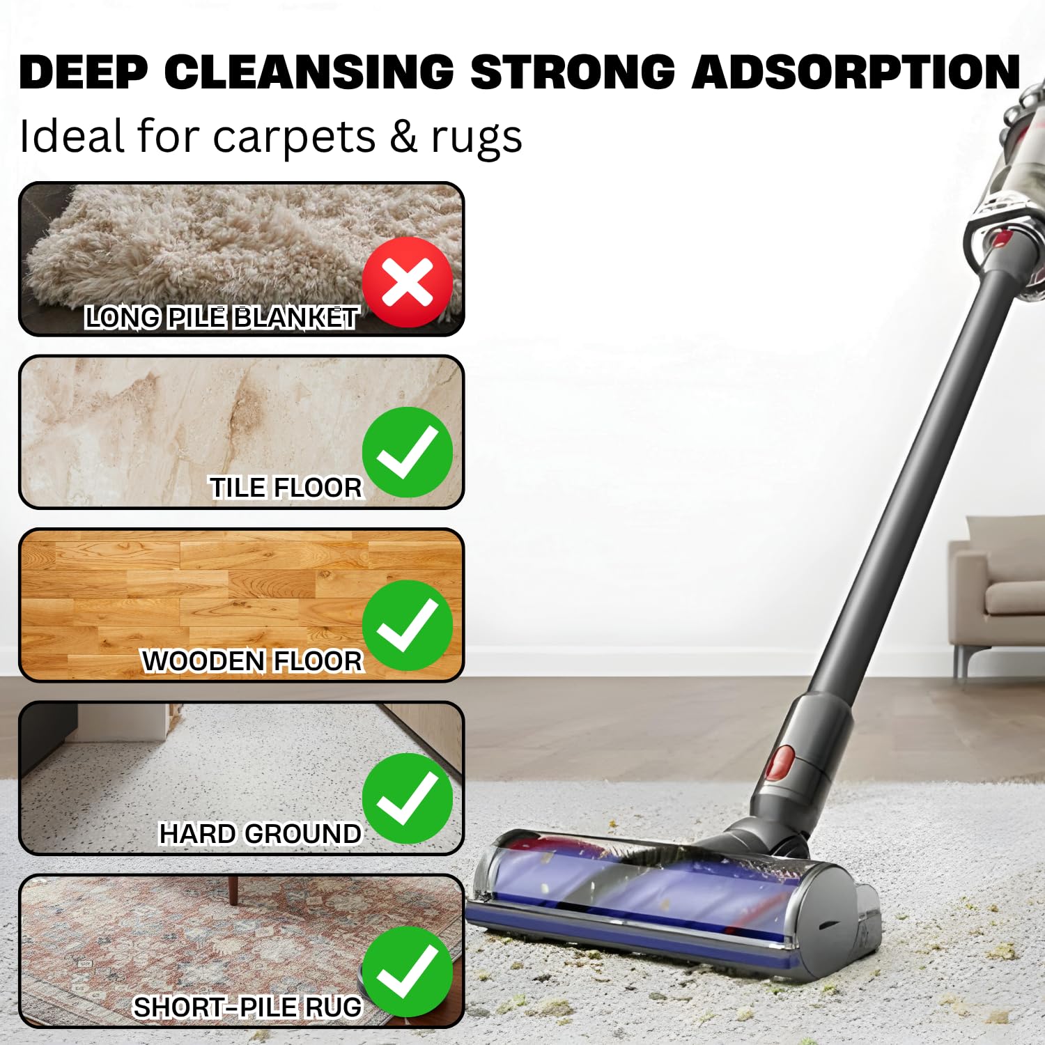 VACEXT Dyson conical brush bar prevents tangling during vacuuming.