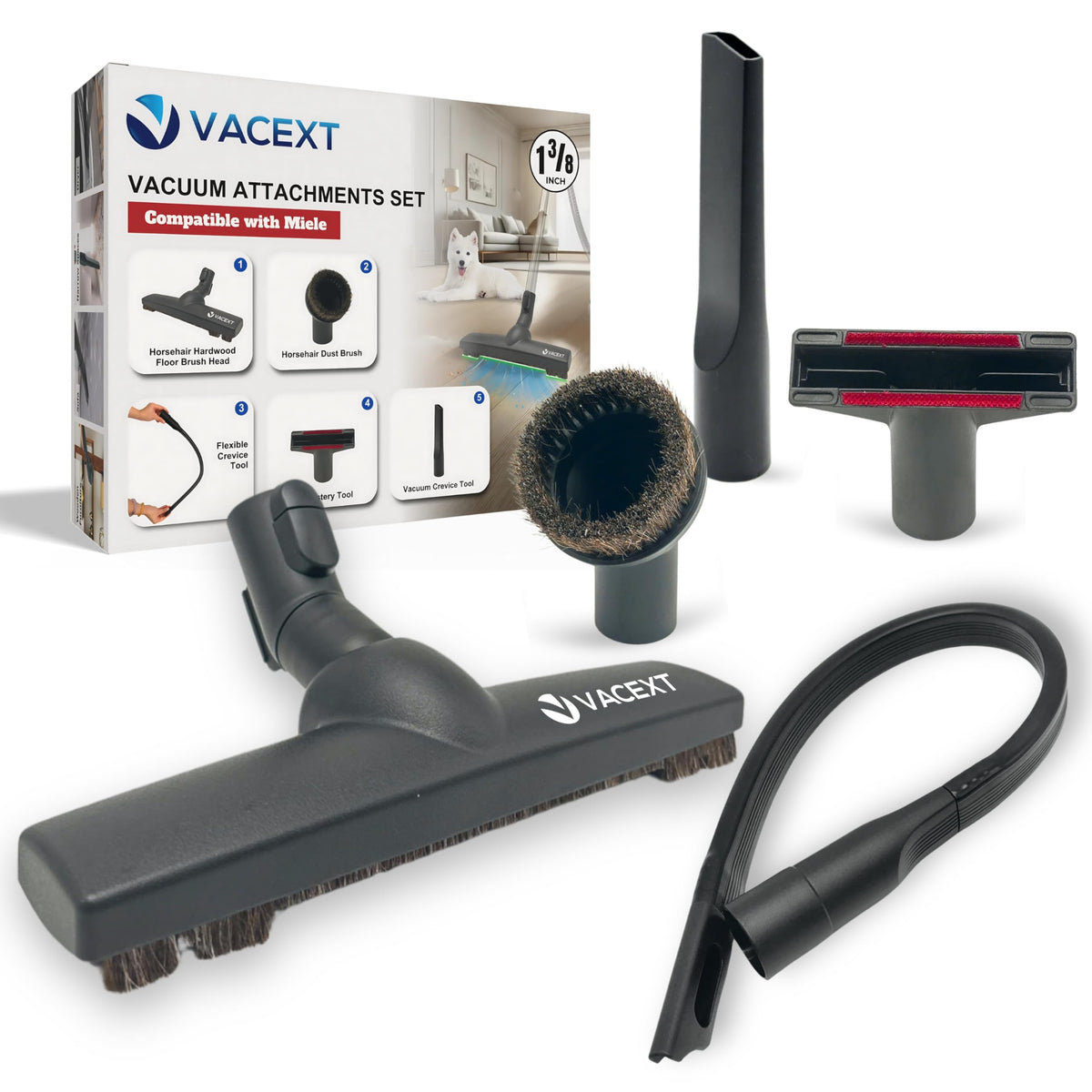 VACEXT Miele horsehair hard-floor brush cleans wood and tile gently.