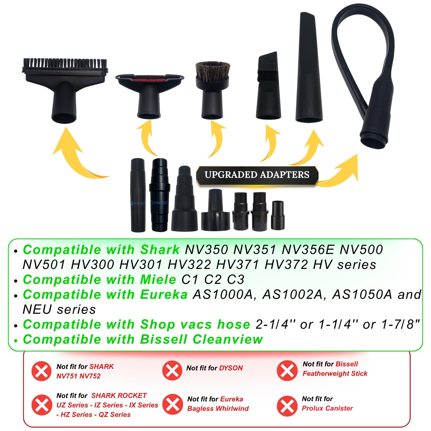 VACEXT flexible crevice tool reaches tight gaps around furniture and dashboards.