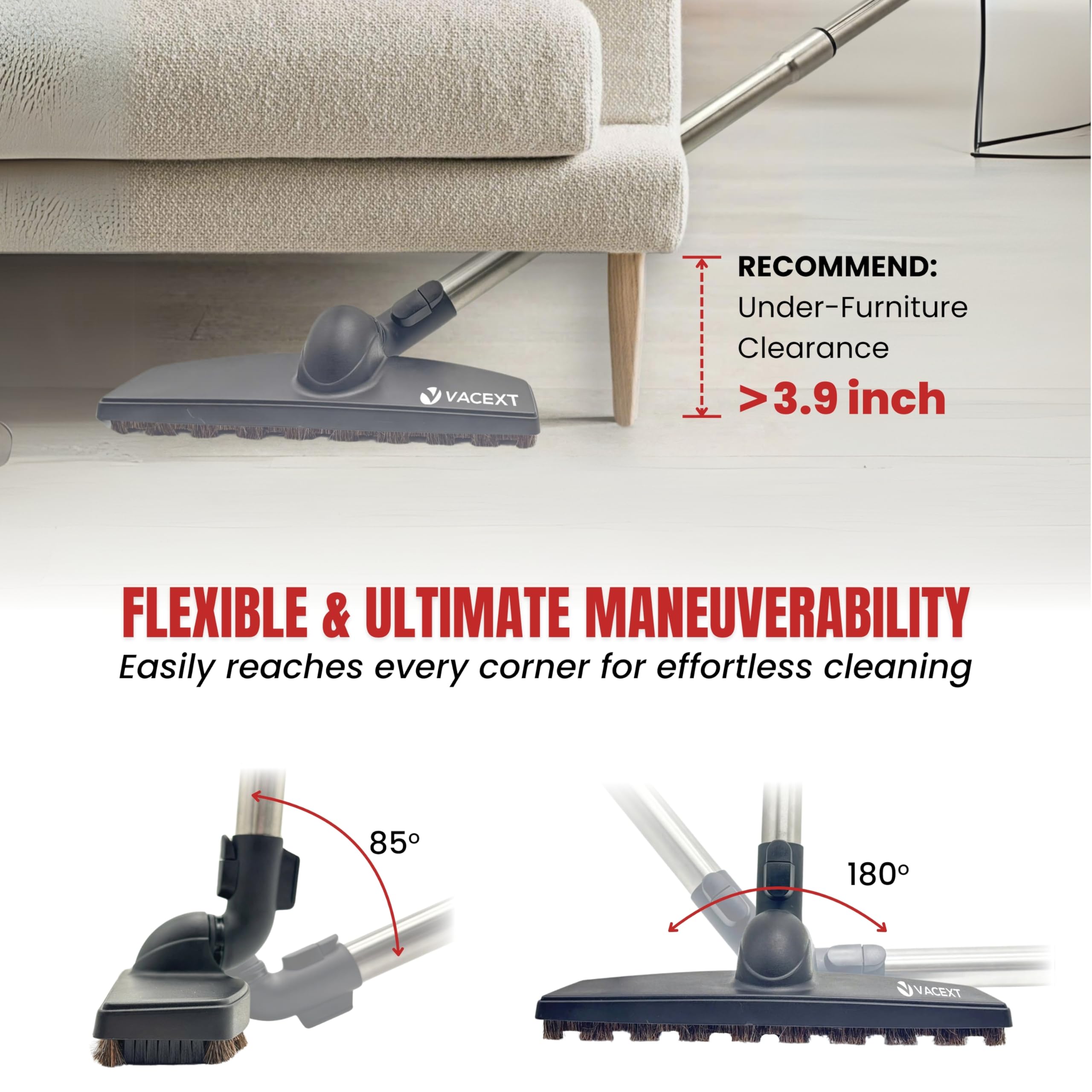 VACEXT soft-horsehair-bristles closeup highlighting dust pickup on delicate surfaces.