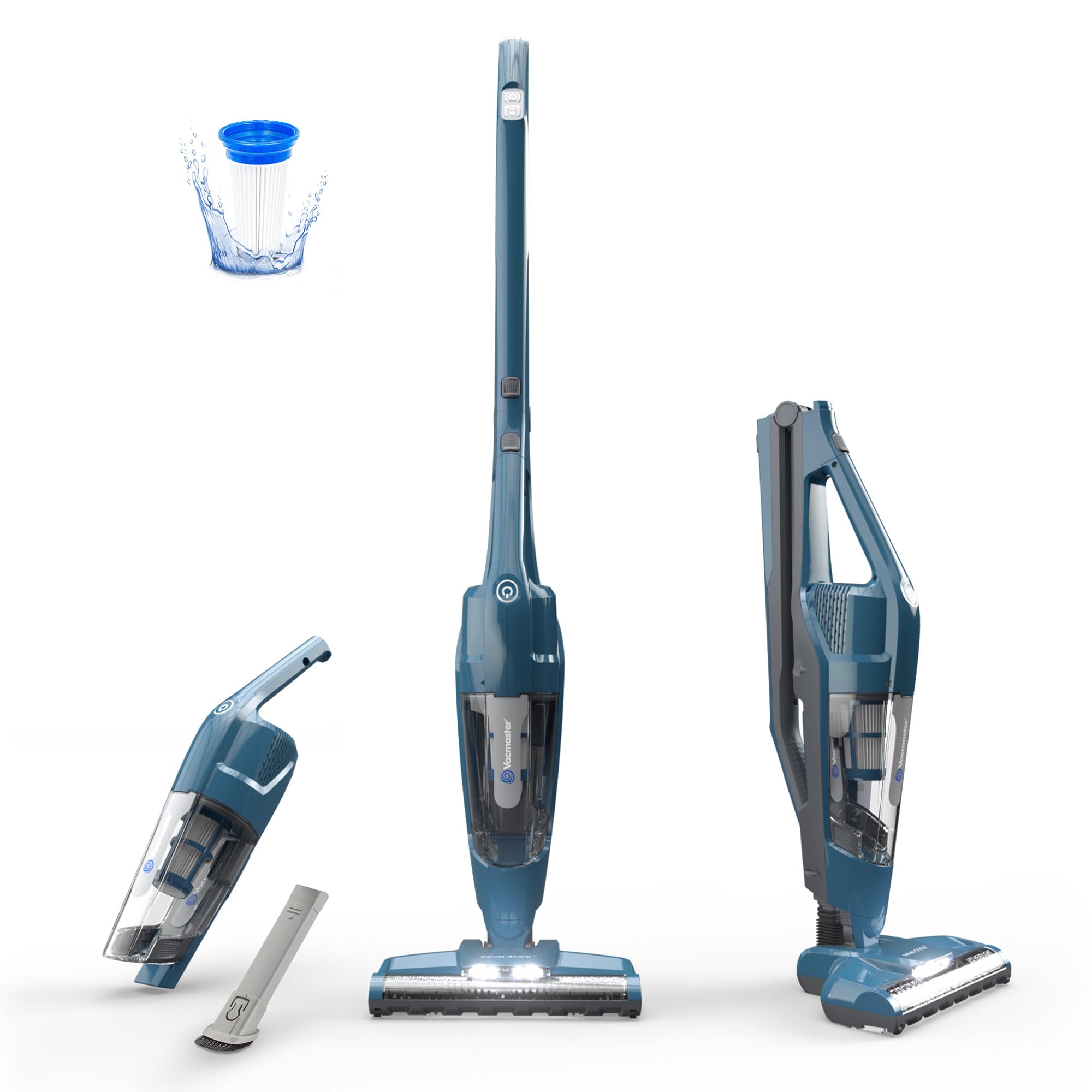 Vacmaster portable 10.8V 2-in-1 stick vacuum on hardwood floors for quick cleanups.