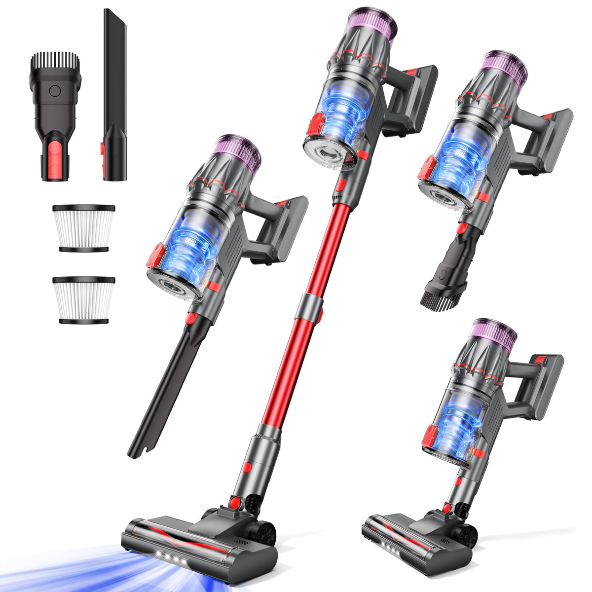 VACMOTOR cordless vacuum with self-standing design and bright display for quick breaks.