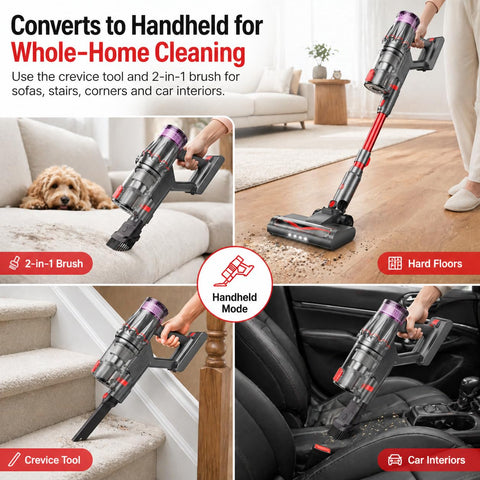 VACMOTOR large capacity battery supports longer cleaning sessions per charge.
