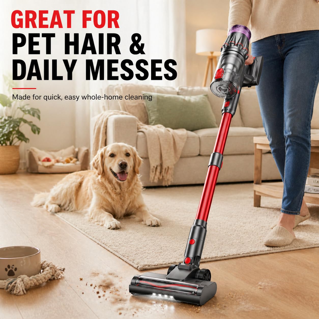 VACMOTOR telescopic wand adjusts height for comfortable cleaning.