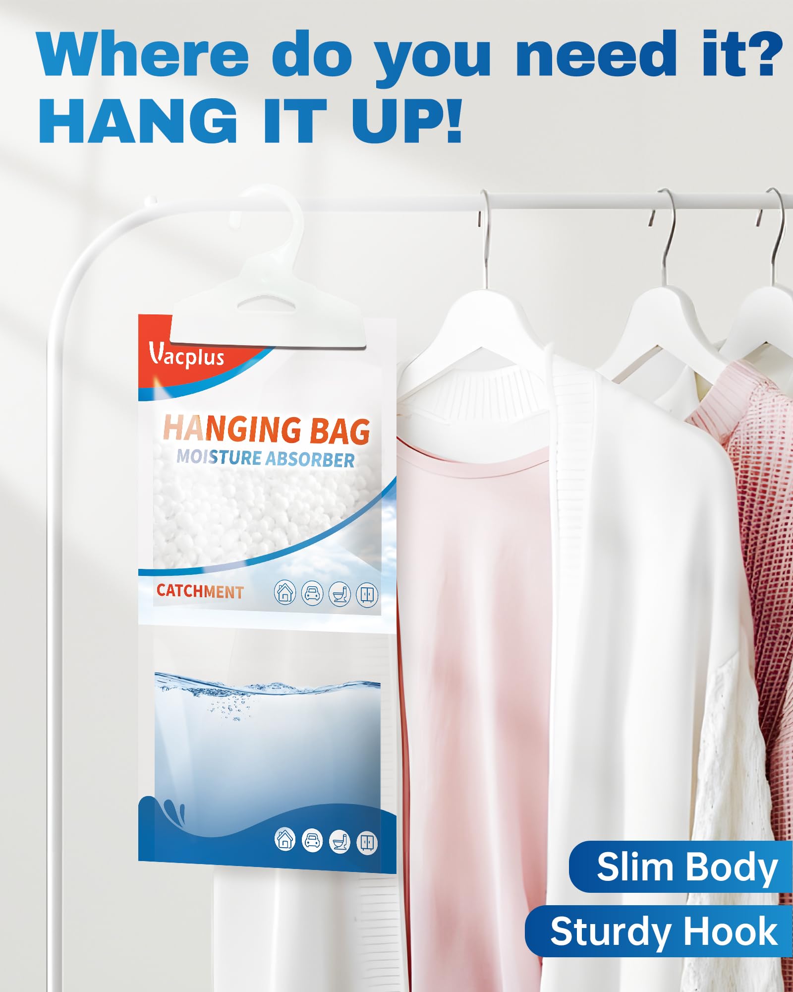Vacplus compact design dehumidifier packet fits small spaces.
