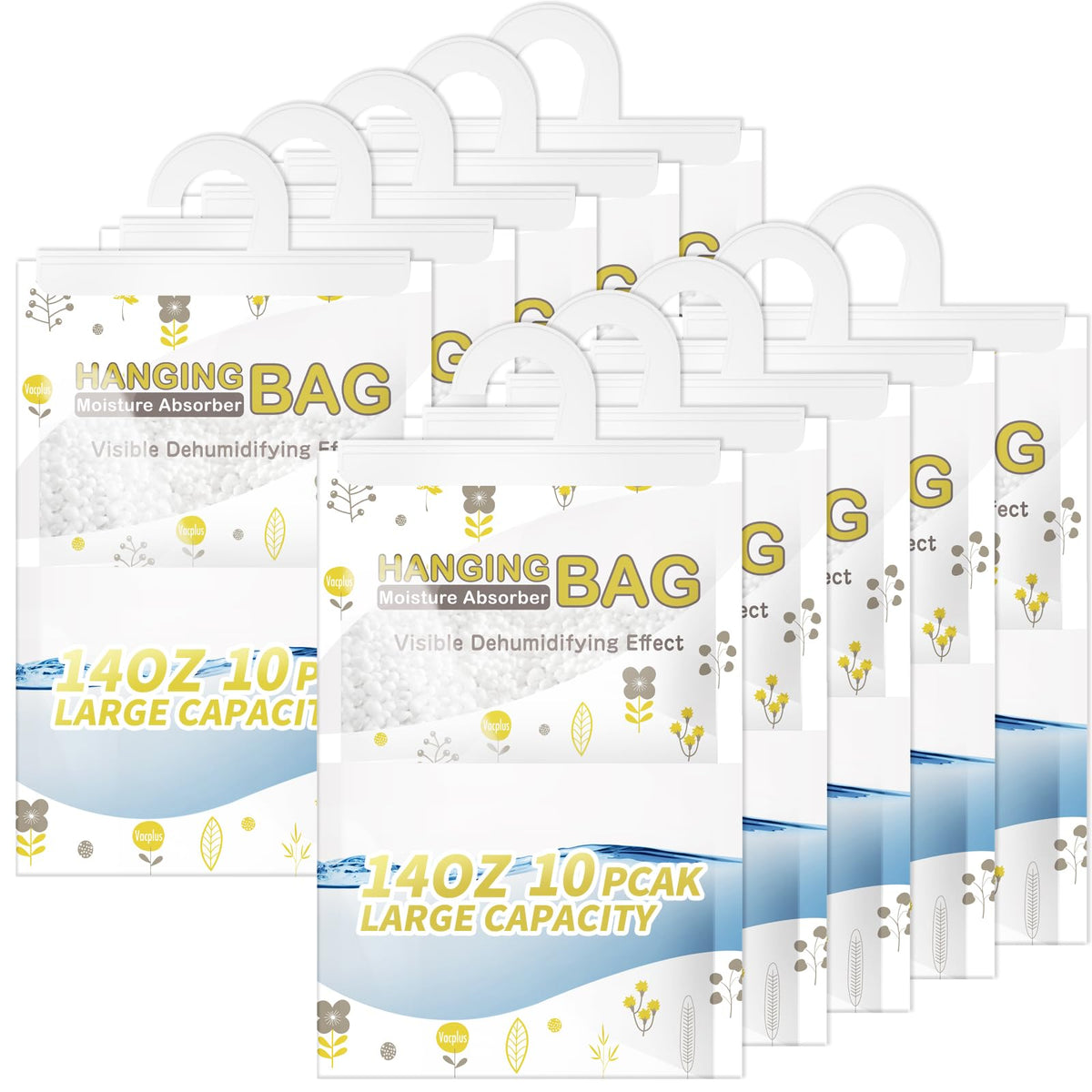 Vacplus hanging dehumidifier bag for closets; visible water collection shows moisture removal