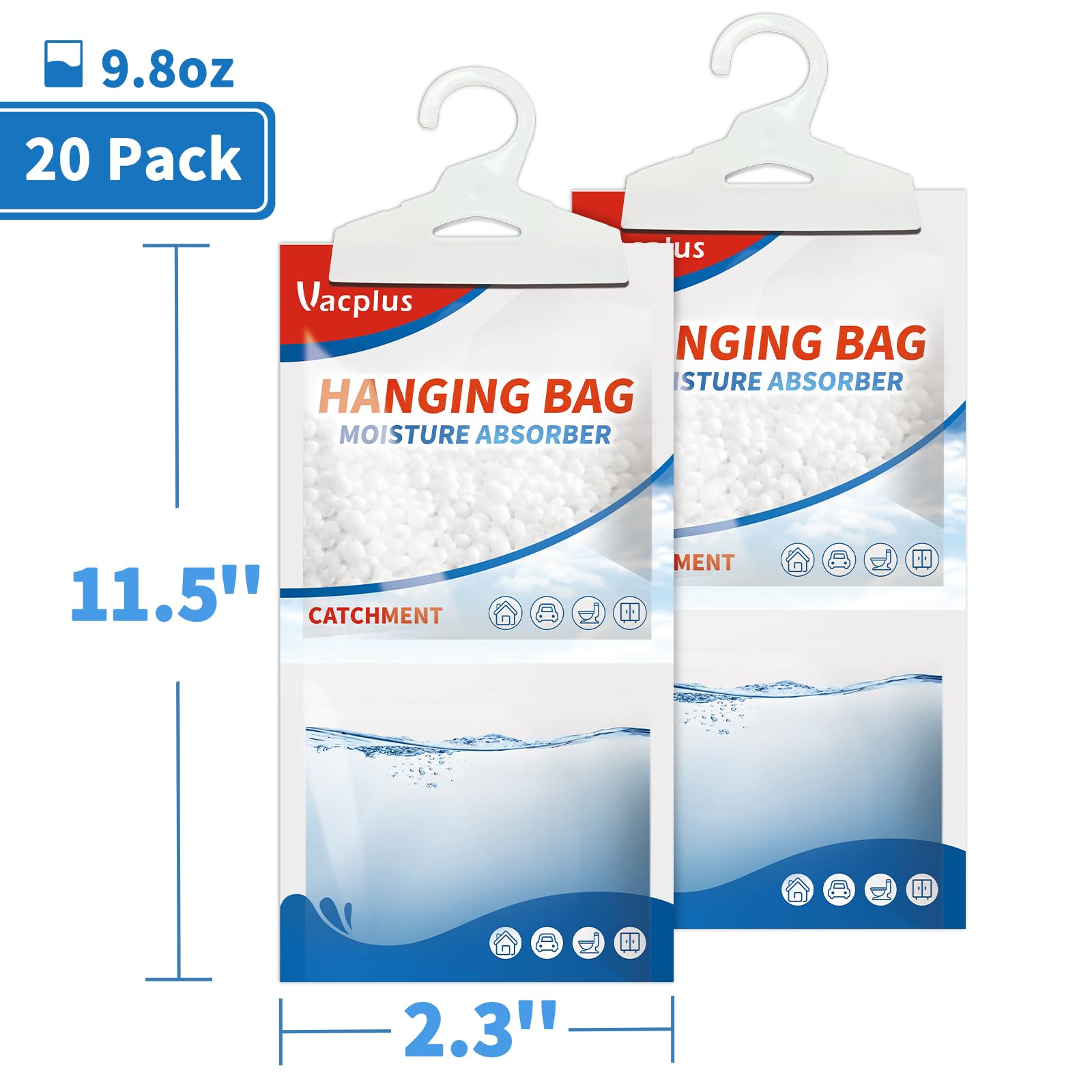 Vacplus hanging packets ideal for closets, basements, and RVs.