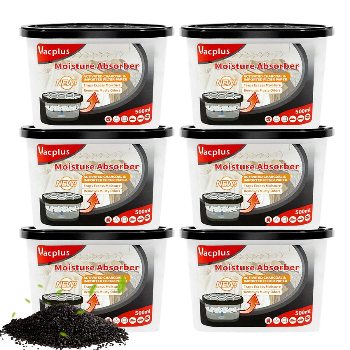 Vacplus moisture absorber 6-pack front view for easy placement.