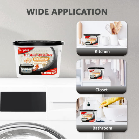 Vacplus moisture absorber design fits bathroom, closet, and car spaces.