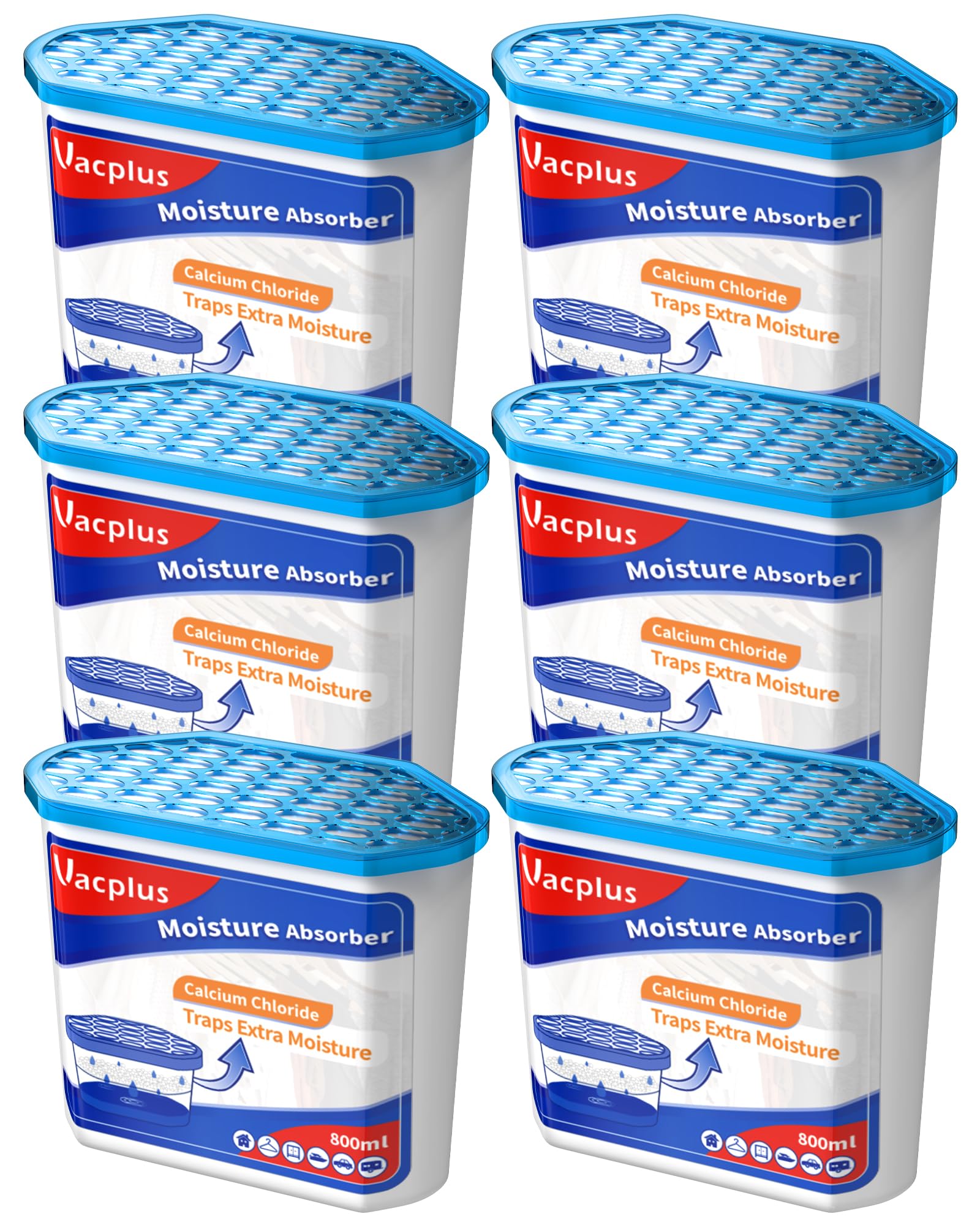 Vacplus moisture absorbers 6-pack box in use, reduces humidity in closets and bathrooms