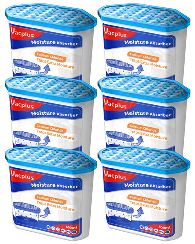 Vacplus moisture absorbers 6-pack box in use, reduces humidity in closets and bathrooms