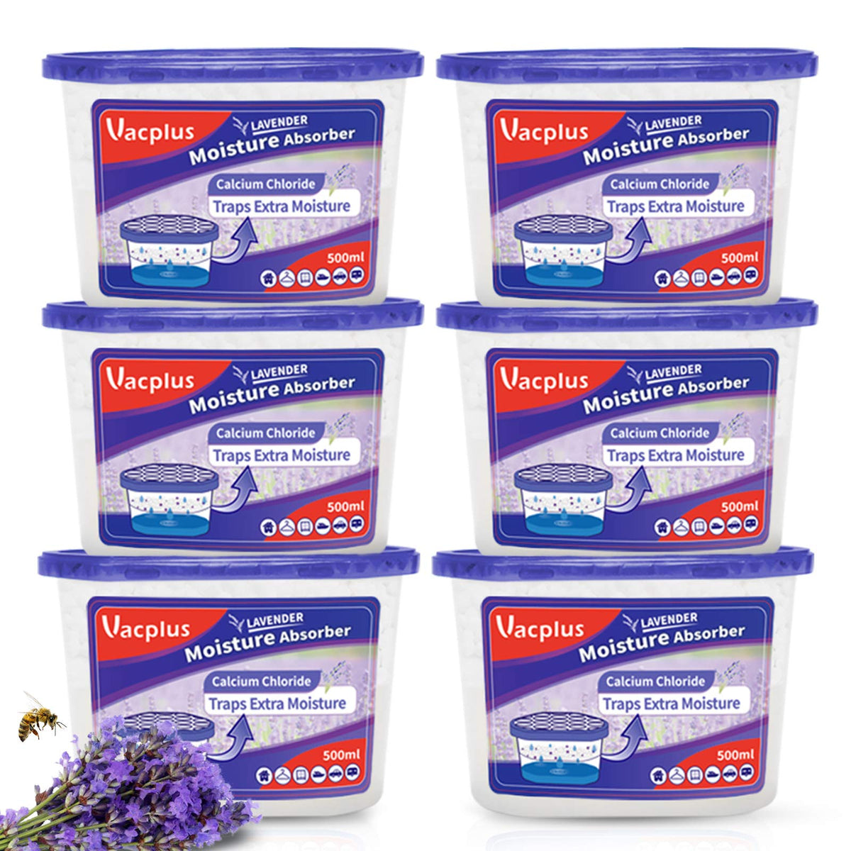 Vacplus six-pack moisture absorbers with lavender scent shown in a tidy bathroom setup for dryness and freshness