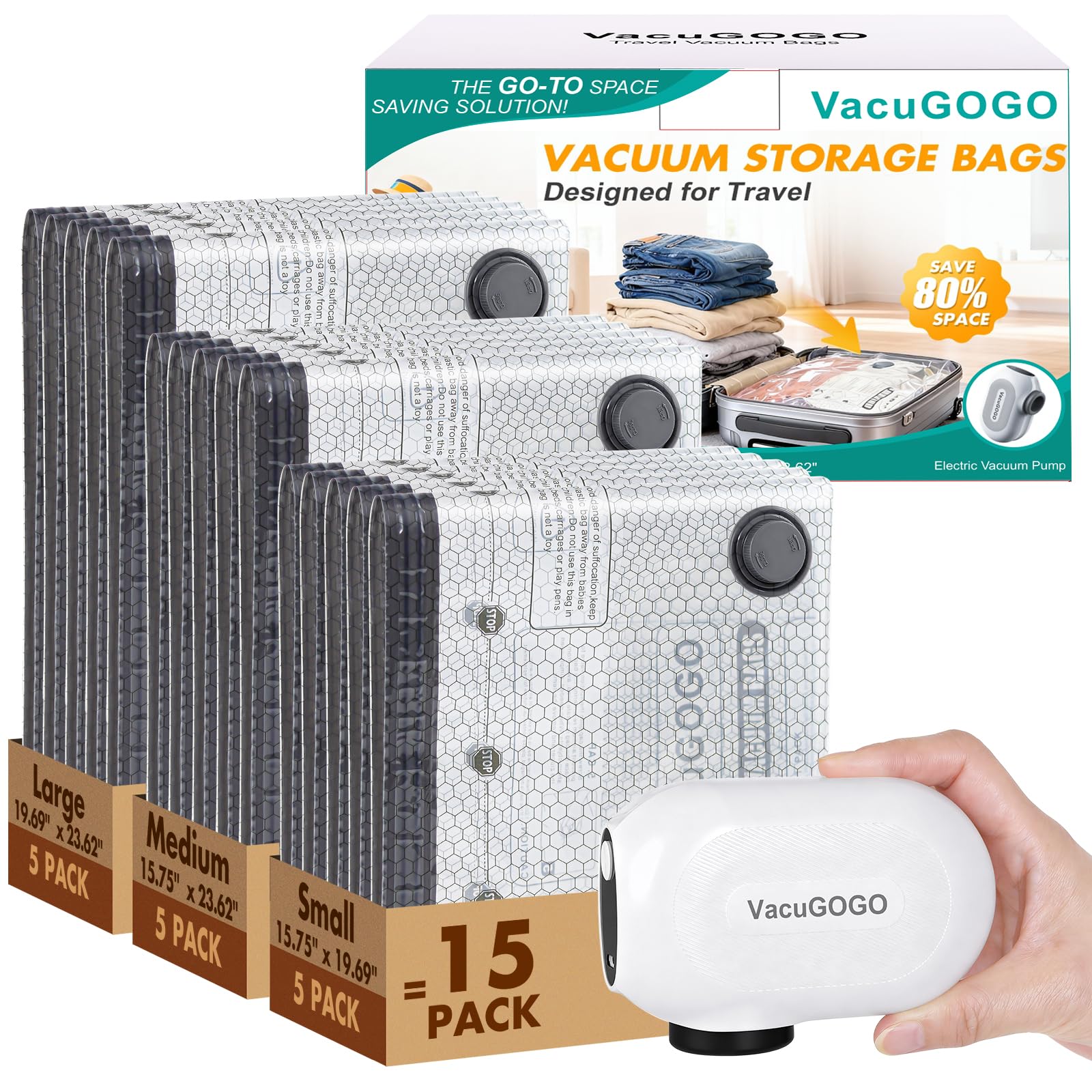 VacuGOGO travel vacuum bags with pump in use to save luggage space