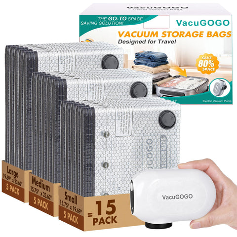 VacuGOGO travel vacuum bags with pump in use to save luggage space