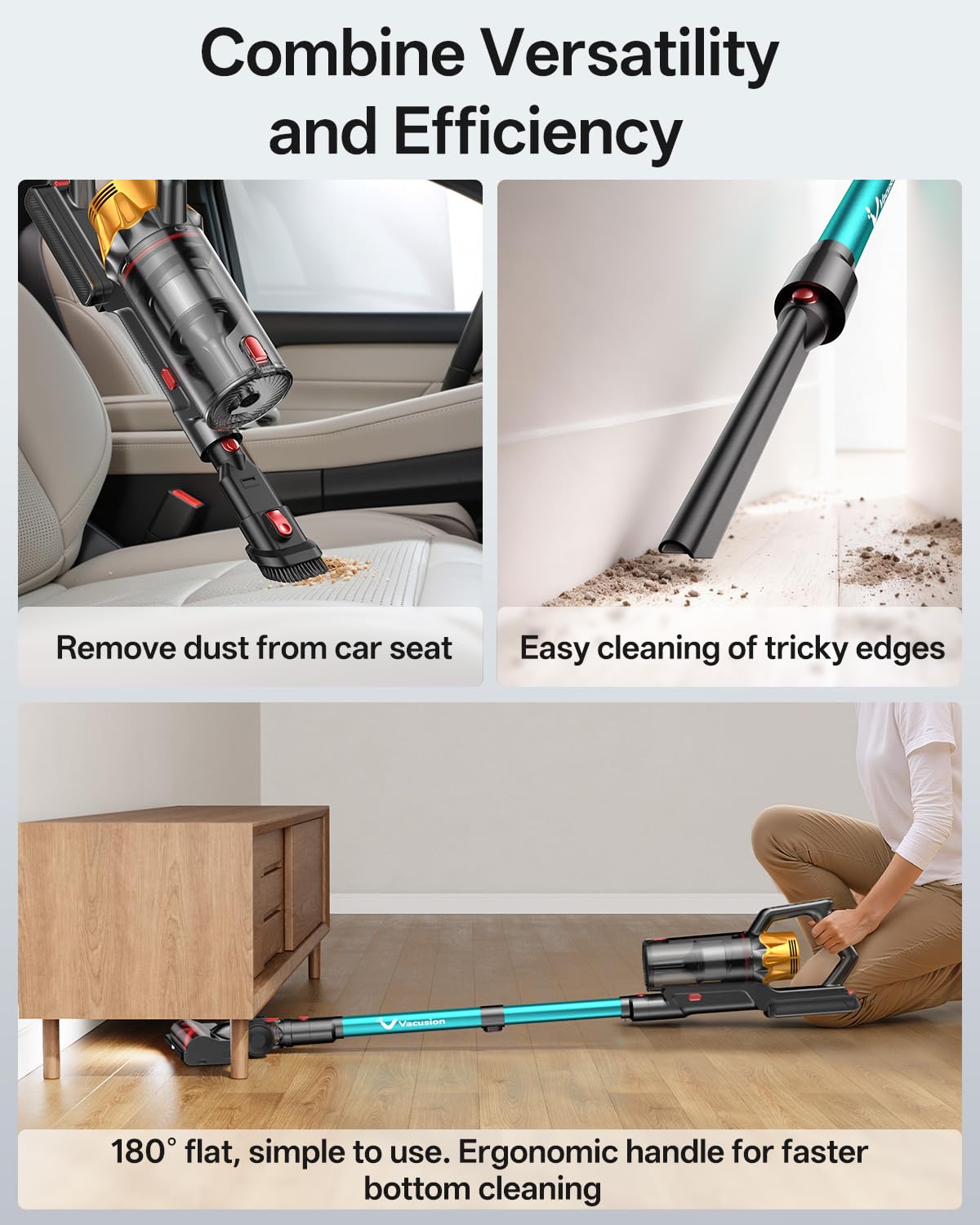Vacusion charging dock station keeps the vacuum ready and neatly stored.