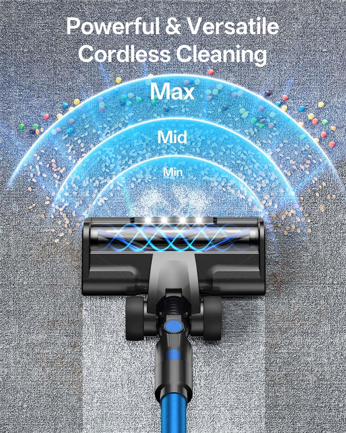 Vacusion showcased with three suction modes for varied surfaces.