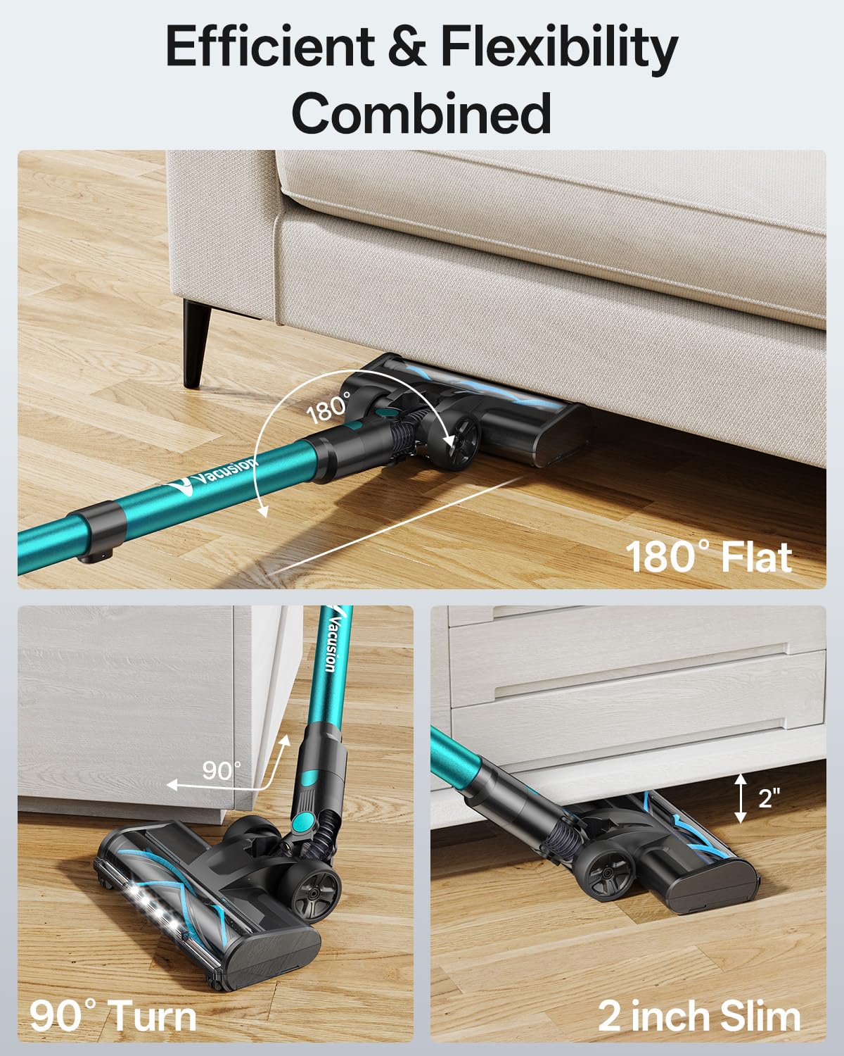 Vacusion cordless vacuum cleaner with LED headlights for dim spaces