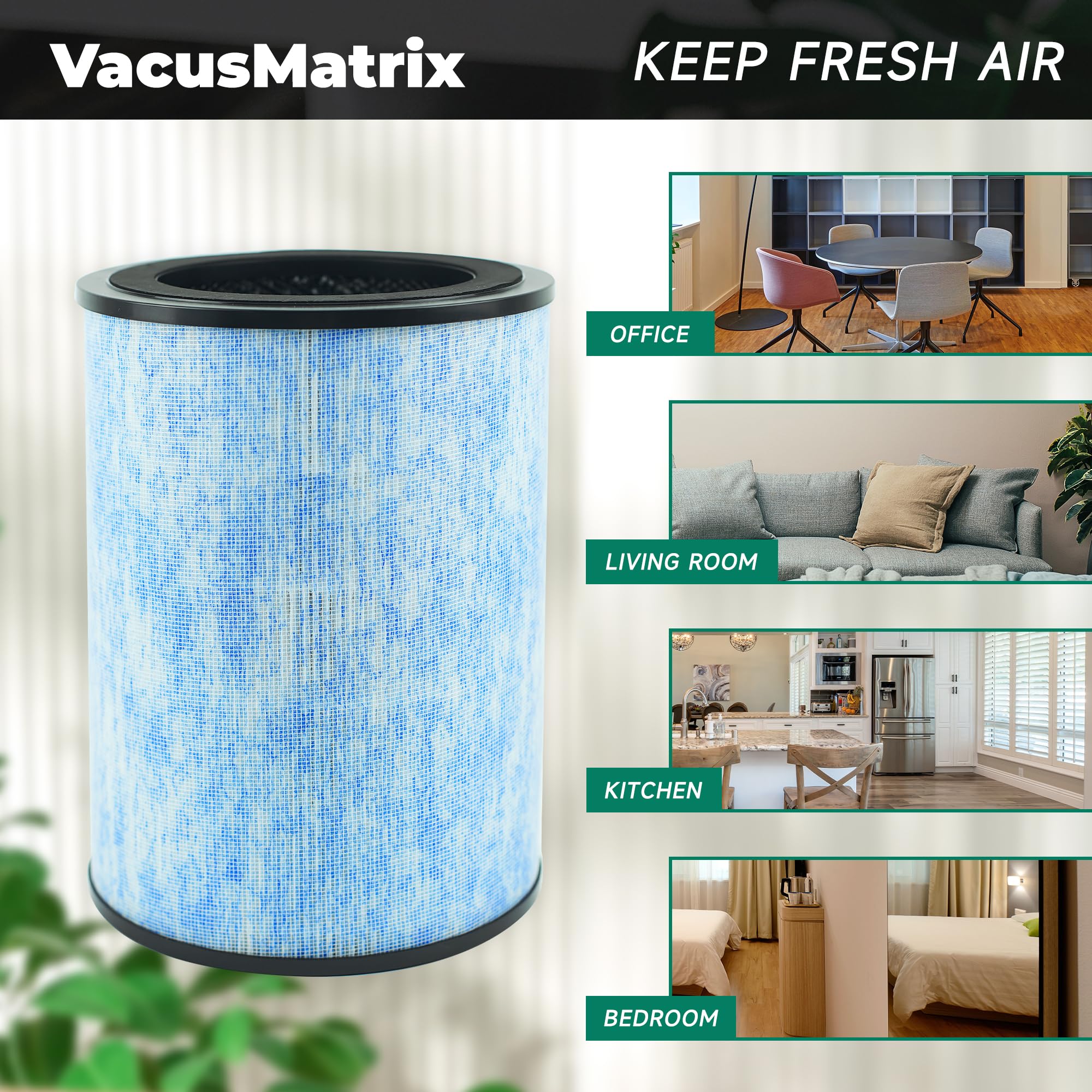VacusMatrix activated carbon layer detail for odor and VOC reduction.