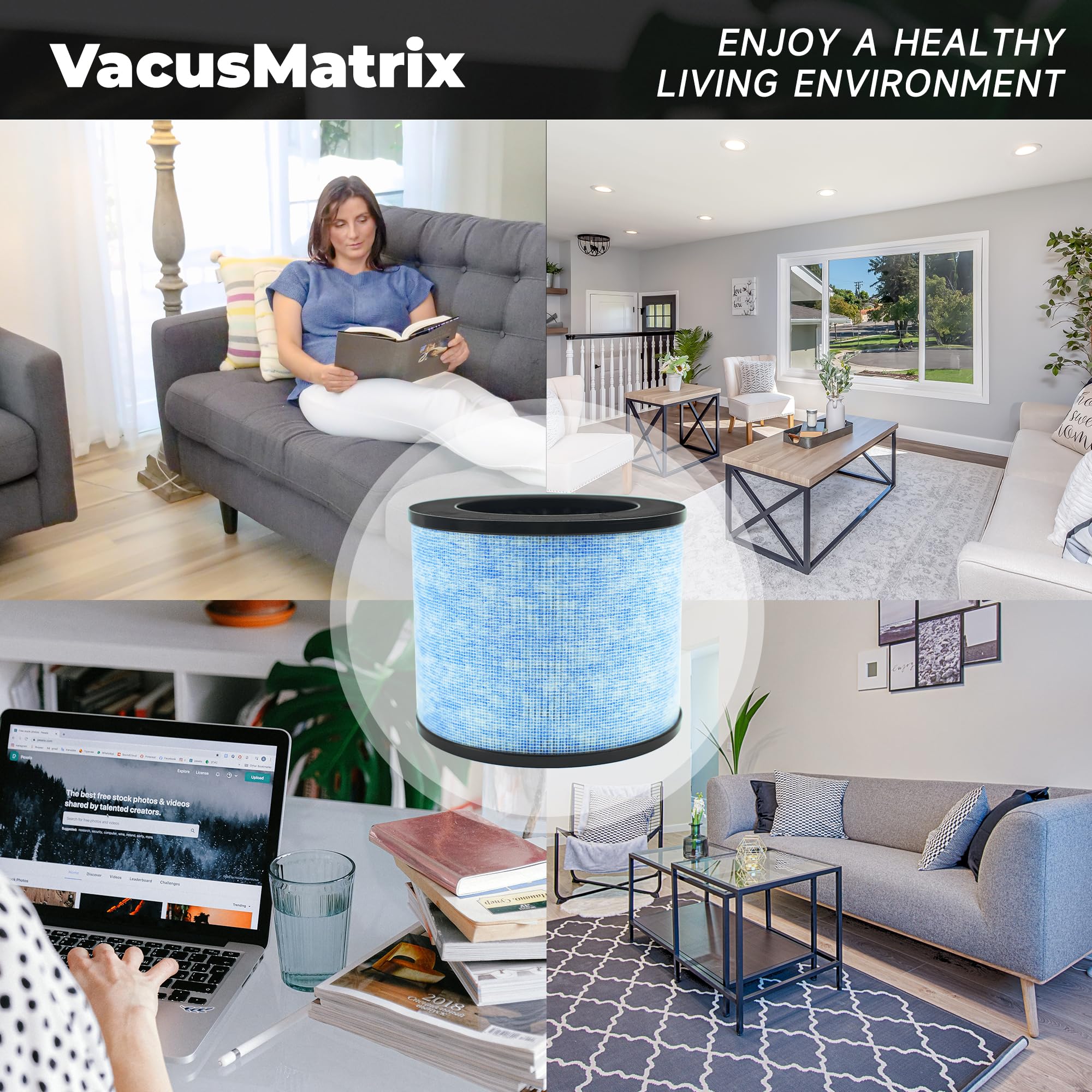 VacusMatrix F100 activated carbon filter detail suggests odor adsorption potential.