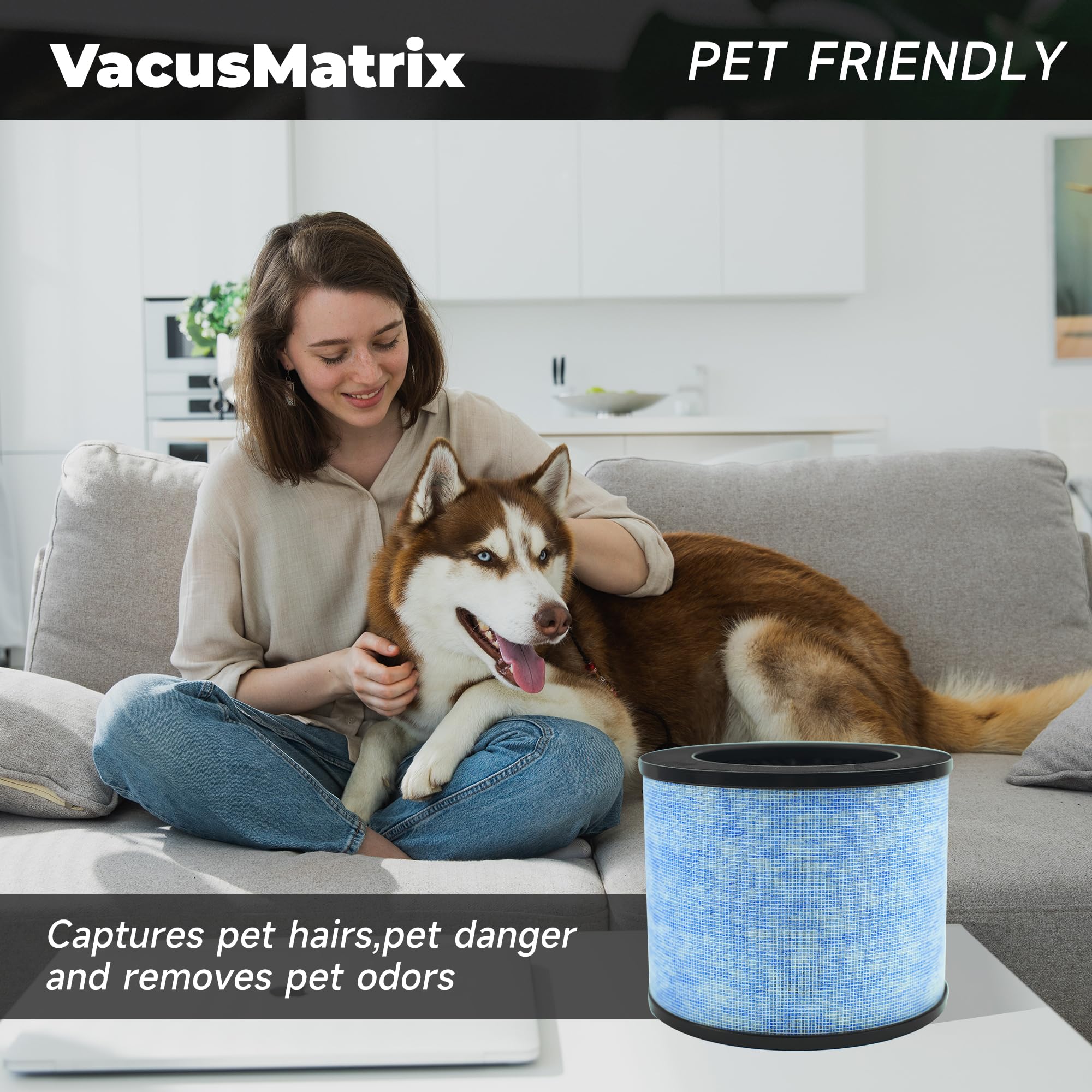 VacusMatrix F100 H13 true filter detail emphasizes high efficiency.