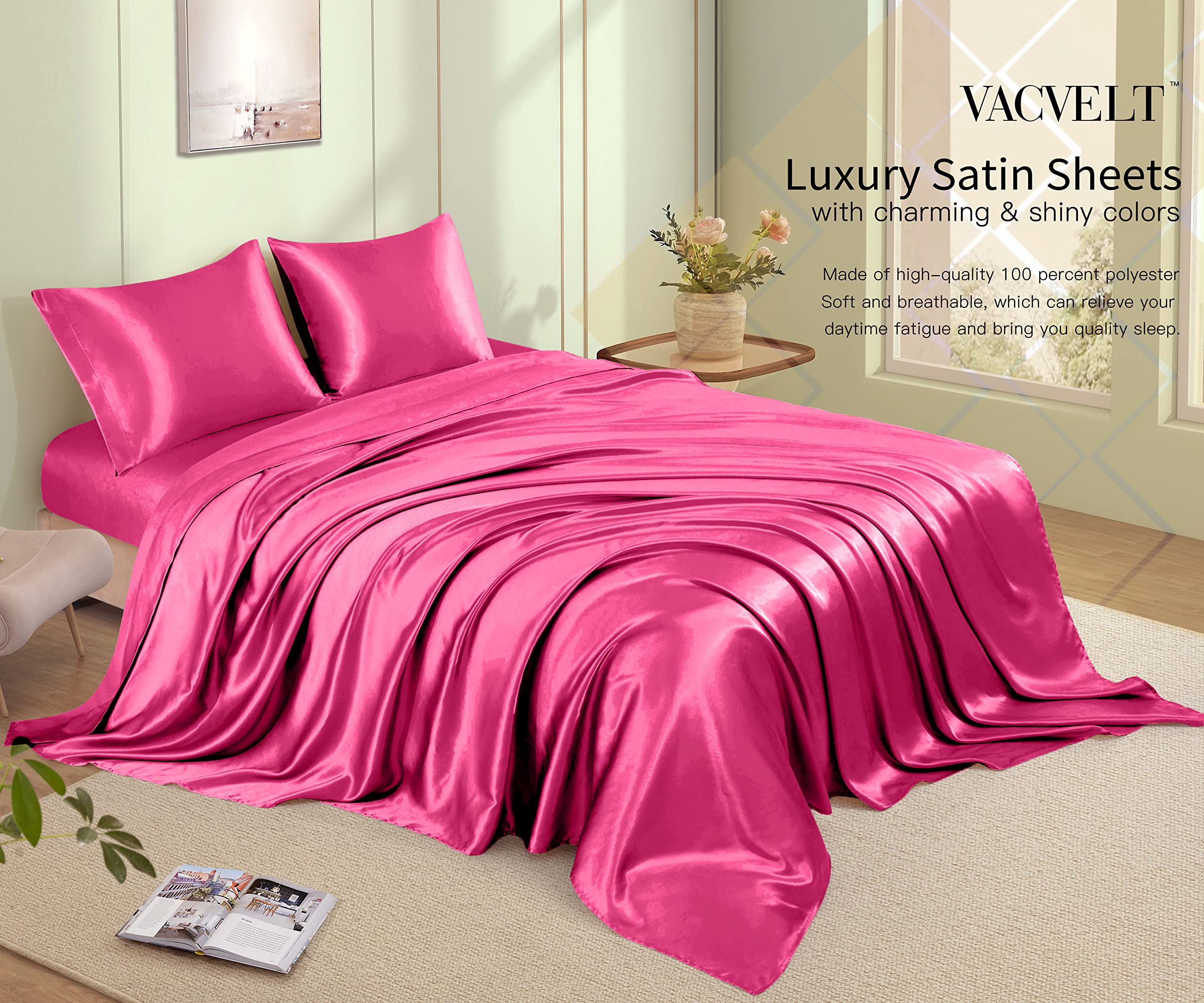 VACVELT hot pink satin pillowcase on bed promoting smooth hair and gentle skin contact