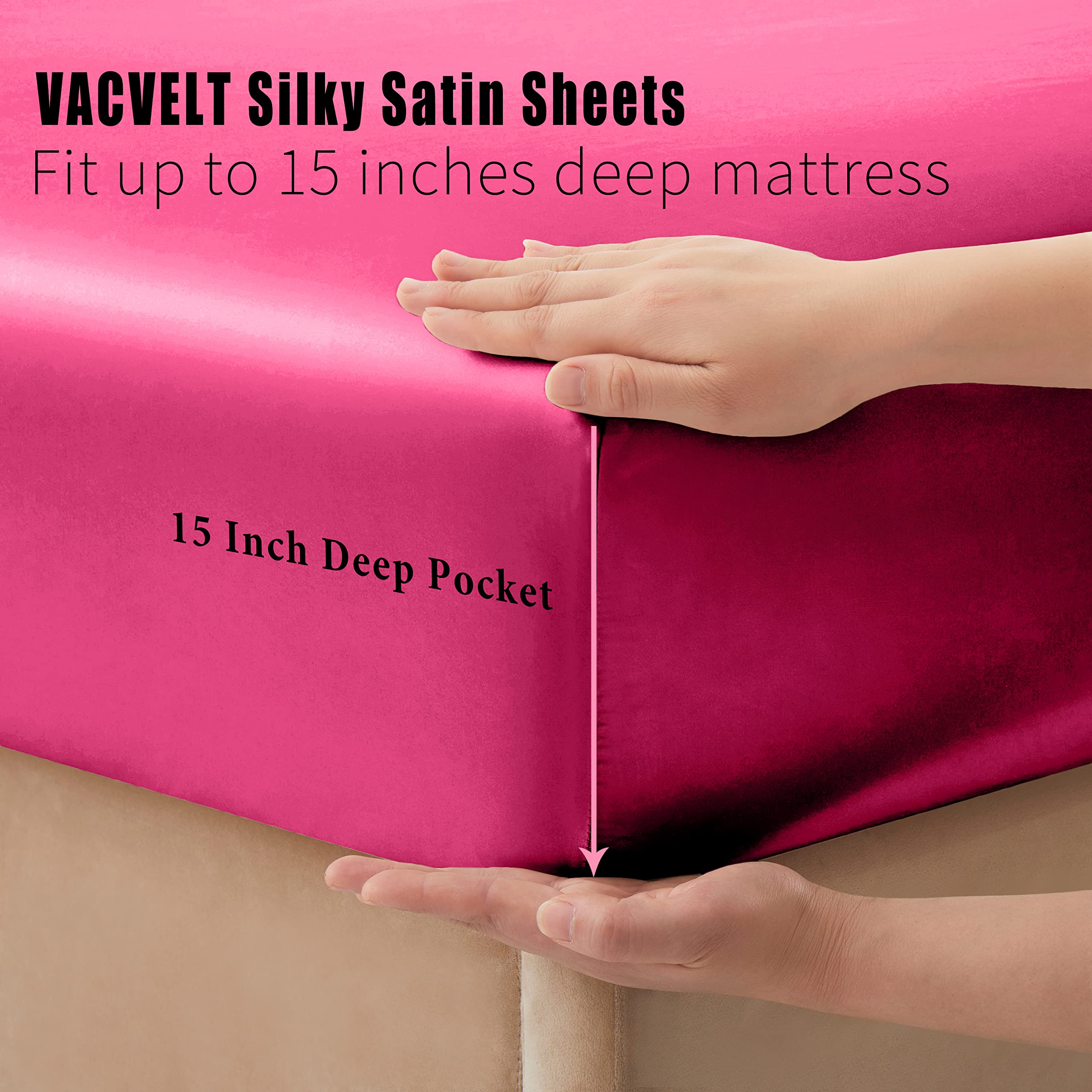 VACVELT hot pink satin pillowcase close-up showing sleek, glossy fabric