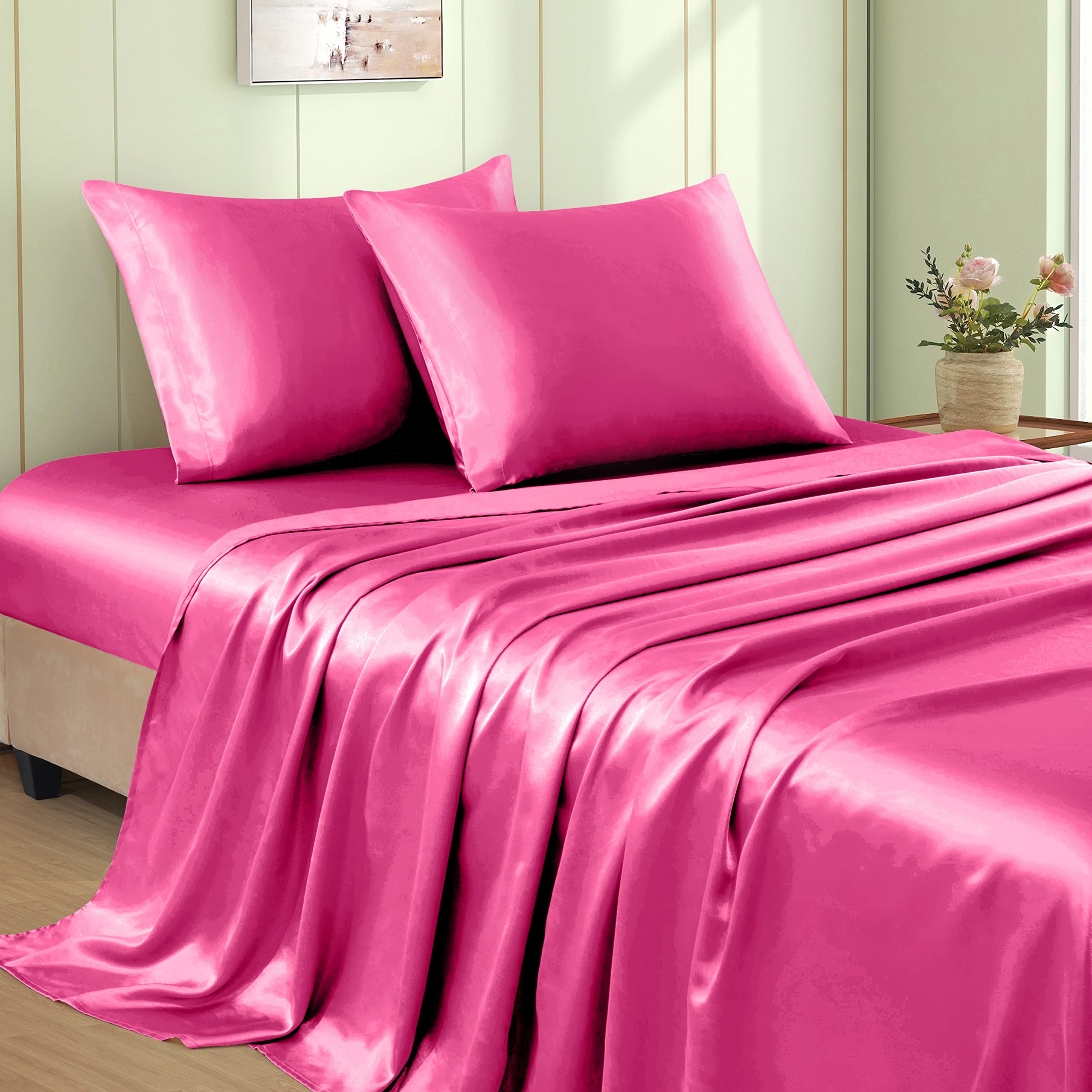 VACVELT hot pink queen fitted satin sheet with deep-pocket fit for secure mattress hold