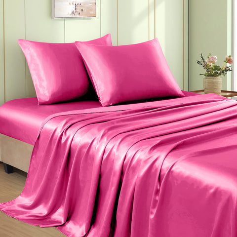 VACVELT hot pink queen fitted satin sheet with deep-pocket fit for secure mattress hold